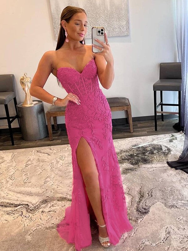Sheath/Column Tulle Applique Sweetheart Sleeveless Sweep/Brush Train Prom Dress