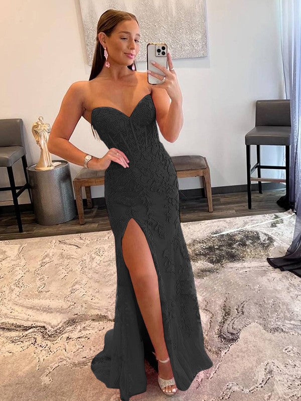 Sheath/Column Tulle Applique Sweetheart Sleeveless Sweep/Brush Train Prom Dress