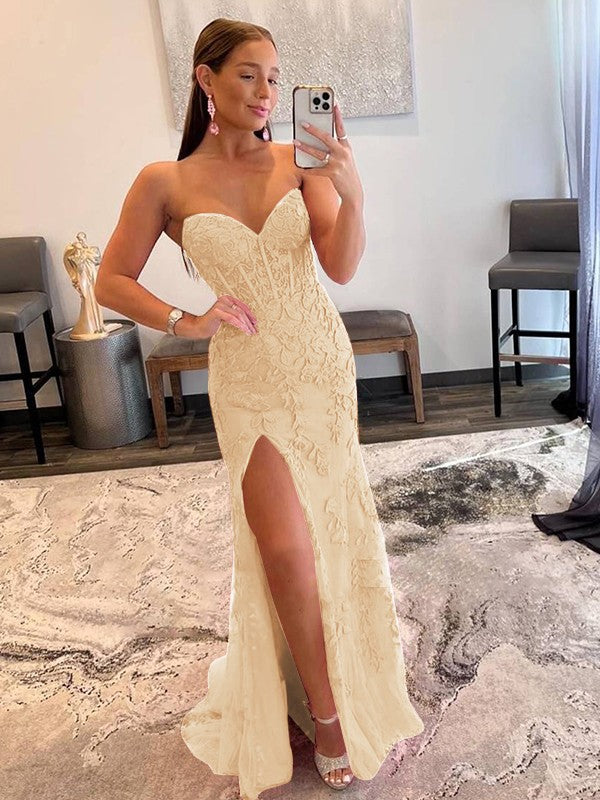 Sheath/Column Tulle Applique Sweetheart Sleeveless Sweep/Brush Train Prom Dress