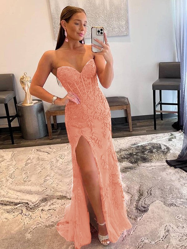 Sheath/Column Tulle Applique Sweetheart Sleeveless Sweep/Brush Train Prom Dress