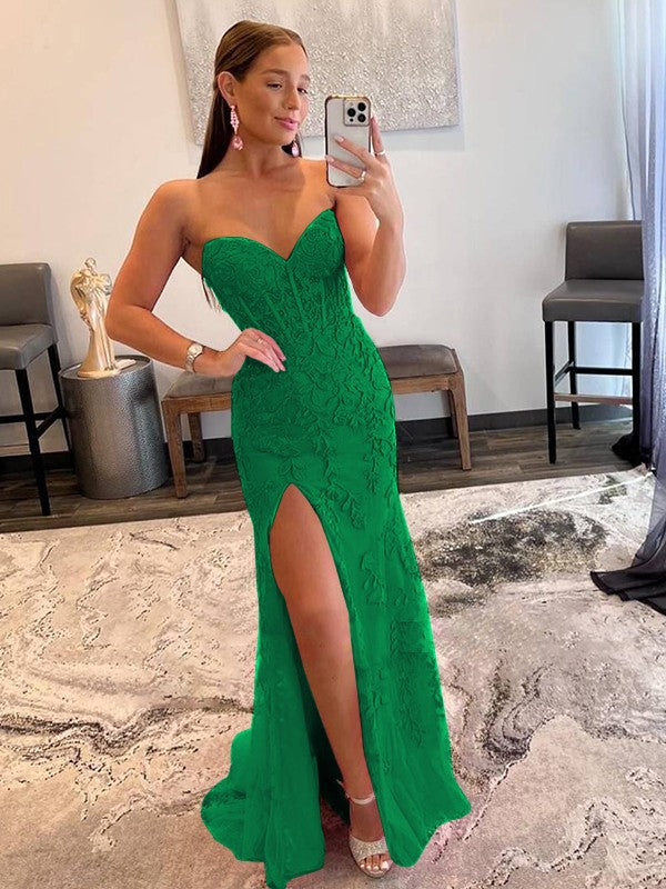 Sheath/Column Tulle Applique Sweetheart Sleeveless Sweep/Brush Train Prom Dress
