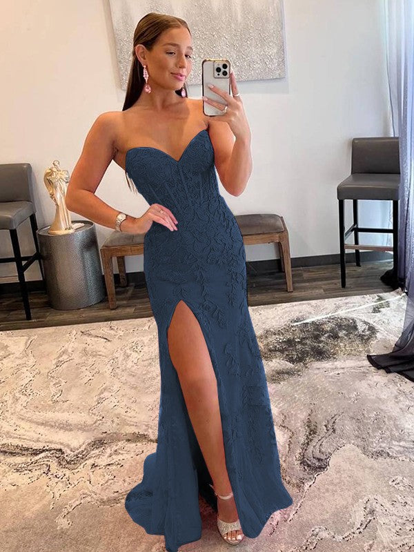 Sheath/Column Tulle Applique Sweetheart Sleeveless Sweep/Brush Train Prom Dress