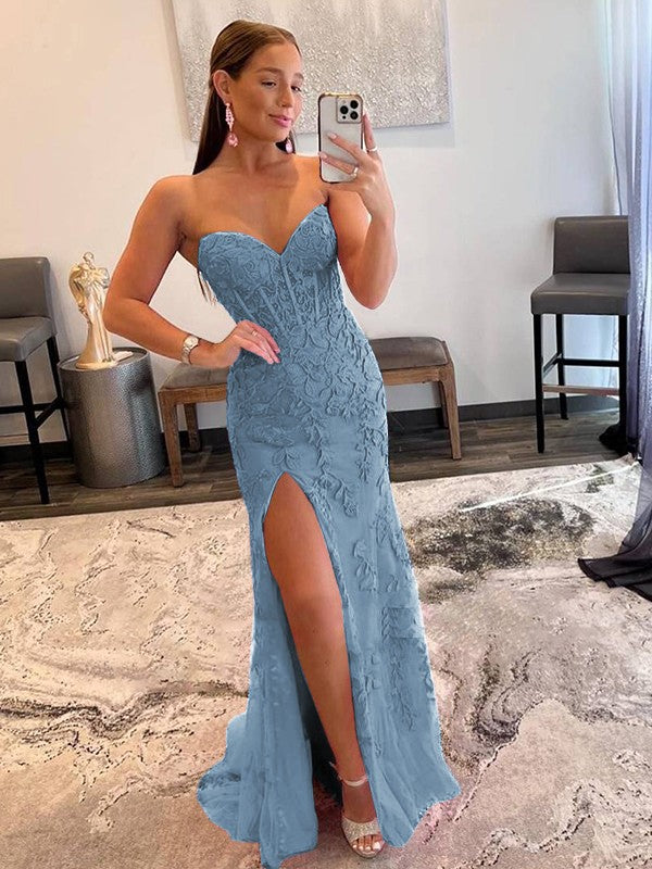 Sheath/Column Tulle Applique Sweetheart Sleeveless Sweep/Brush Train Prom Dress
