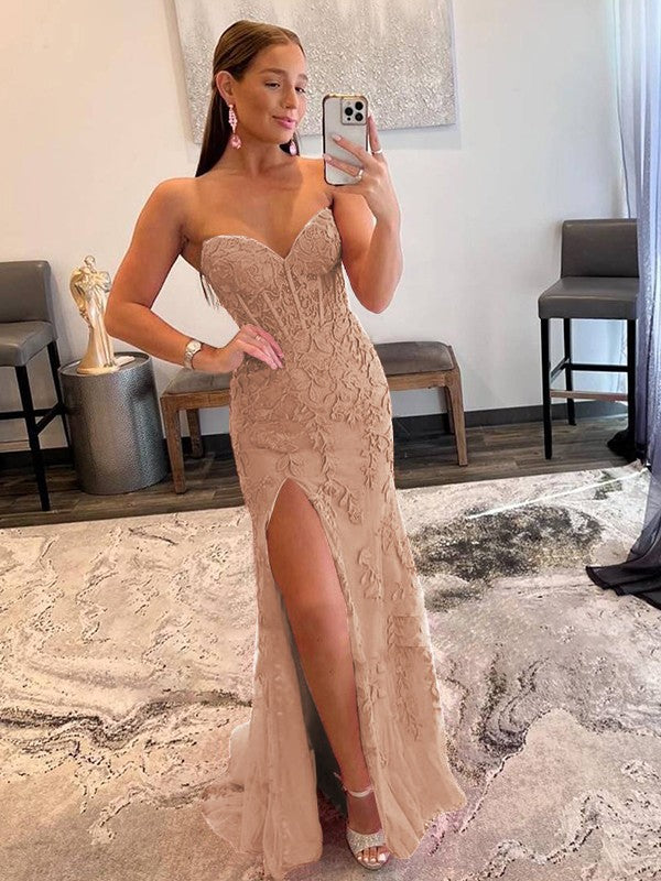 Sheath/Column Tulle Applique Sweetheart Sleeveless Sweep/Brush Train Prom Dress