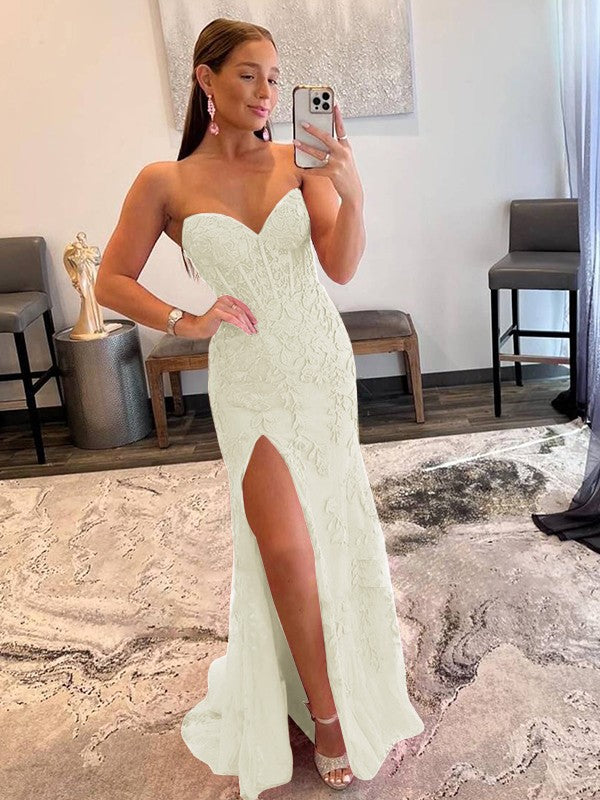 Sheath/Column Tulle Applique Sweetheart Sleeveless Sweep/Brush Train Prom Dress