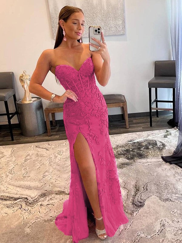 Sheath/Column Tulle Applique Sweetheart Sleeveless Sweep/Brush Train Prom Dress