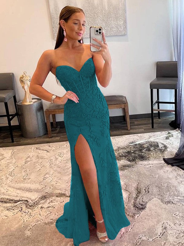 Sheath/Column Tulle Applique Sweetheart Sleeveless Sweep/Brush Train Prom Dress