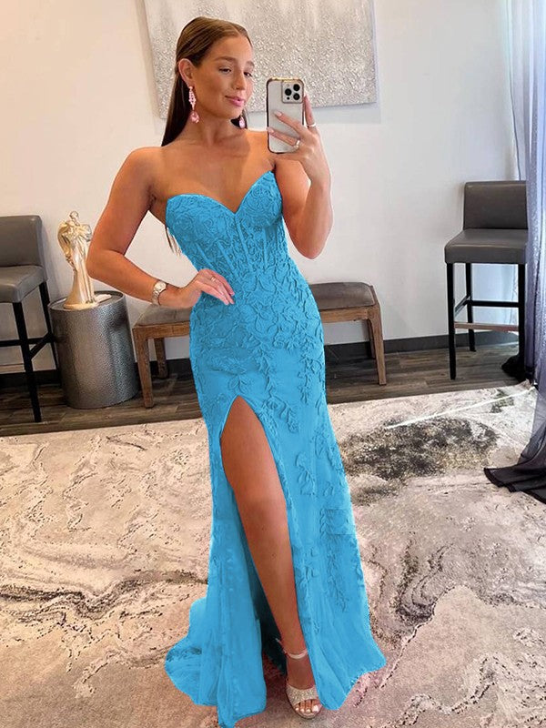 Sheath/Column Tulle Applique Sweetheart Sleeveless Sweep/Brush Train Prom Dress