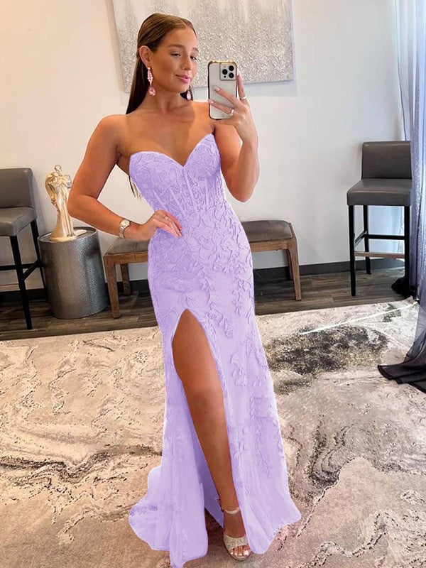 Sheath/Column Tulle Applique Sweetheart Sleeveless Sweep/Brush Train Prom Dress