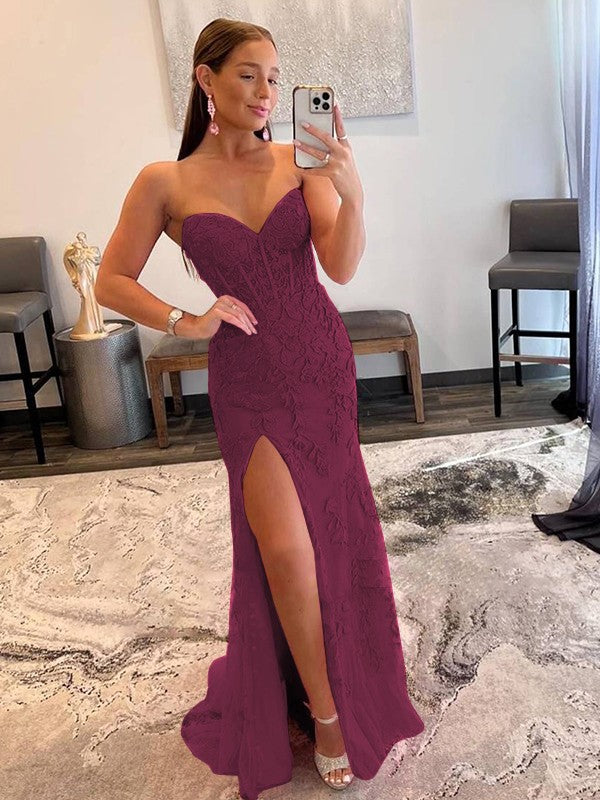 Sheath/Column Tulle Applique Sweetheart Sleeveless Sweep/Brush Train Prom Dress