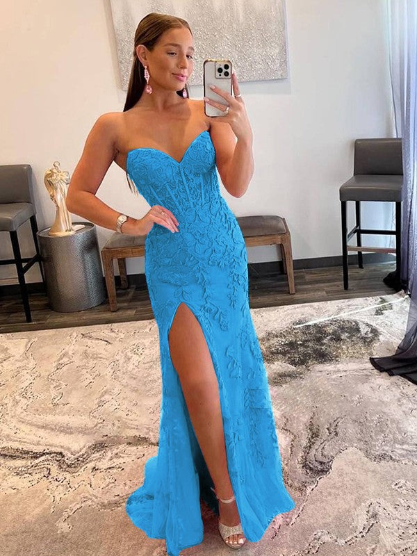Sheath/Column Tulle Applique Sweetheart Sleeveless Sweep/Brush Train Prom Dress