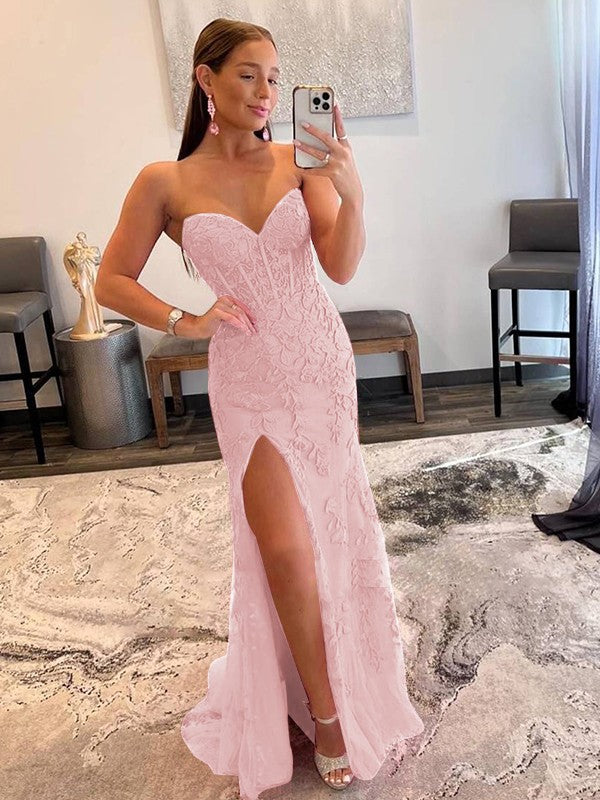 Sheath/Column Tulle Applique Sweetheart Sleeveless Sweep/Brush Train Prom Dress