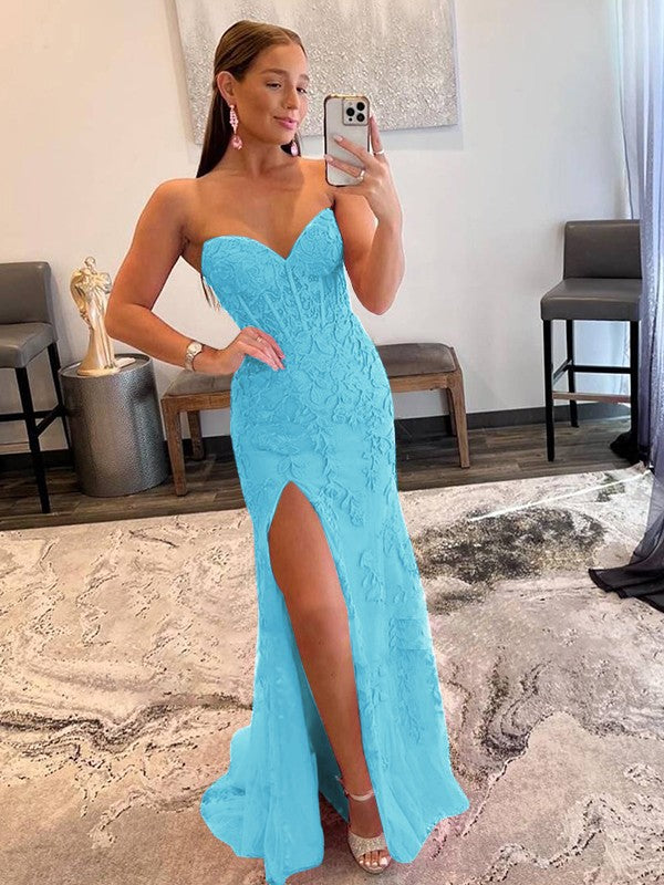 Sheath/Column Tulle Applique Sweetheart Sleeveless Sweep/Brush Train Prom Dress