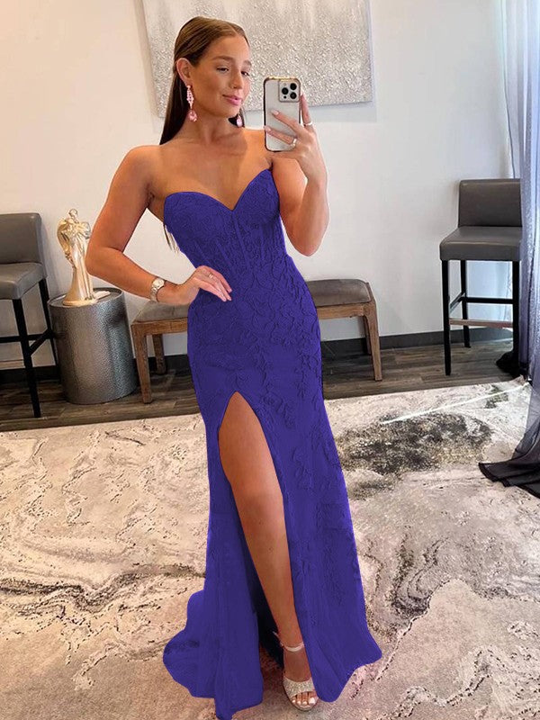 Sheath/Column Tulle Applique Sweetheart Sleeveless Sweep/Brush Train Prom Dress