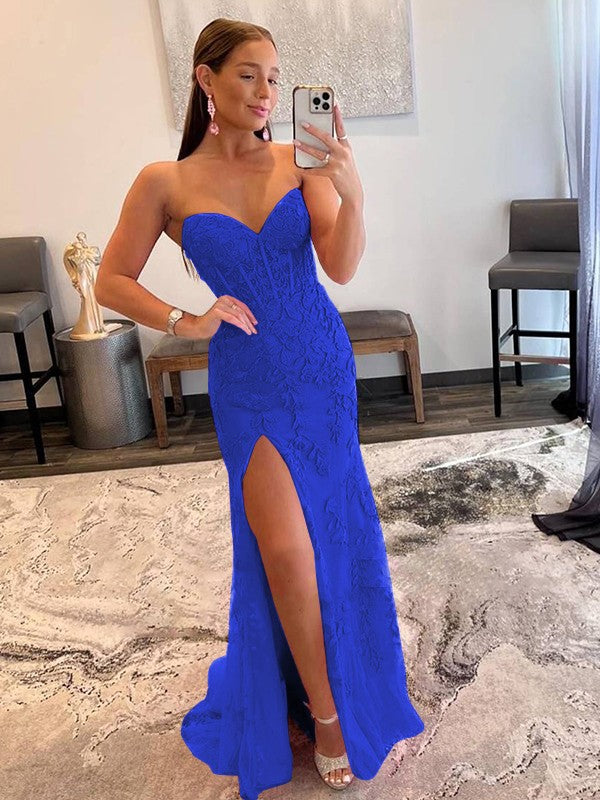 Sheath/Column Tulle Applique Sweetheart Sleeveless Sweep/Brush Train Prom Dress
