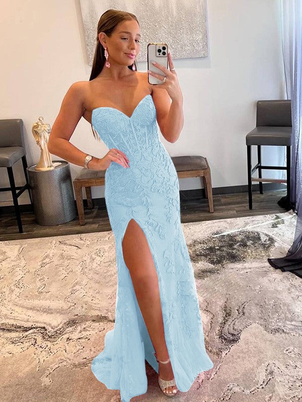 Sheath/Column Tulle Applique Sweetheart Sleeveless Sweep/Brush Train Prom Dress