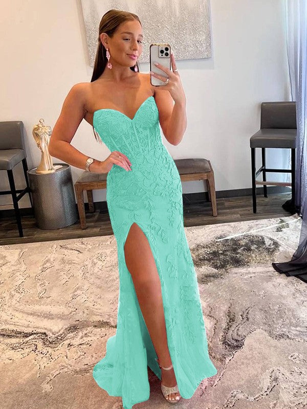 Sheath/Column Tulle Applique Sweetheart Sleeveless Sweep/Brush Train Prom Dress