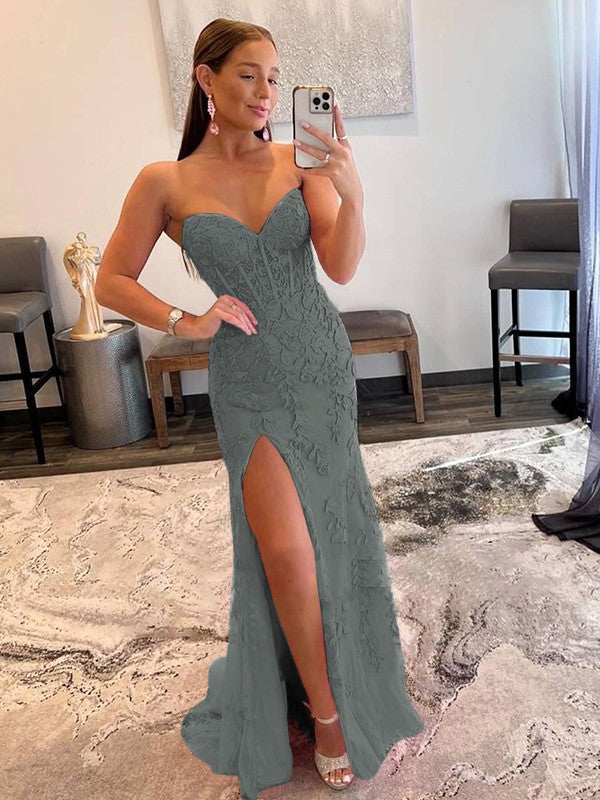 Sheath/Column Tulle Applique Sweetheart Sleeveless Sweep/Brush Train Prom Dress