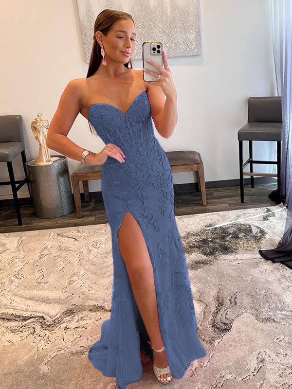 Sheath/Column Tulle Applique Sweetheart Sleeveless Sweep/Brush Train Prom Dress