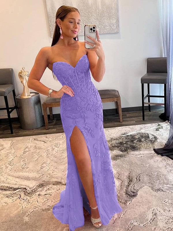 Sheath/Column Tulle Applique Sweetheart Sleeveless Sweep/Brush Train Prom Dress