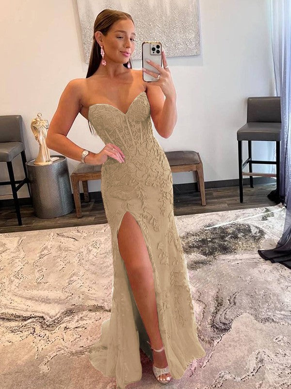 Sheath/Column Tulle Applique Sweetheart Sleeveless Sweep/Brush Train Prom Dress
