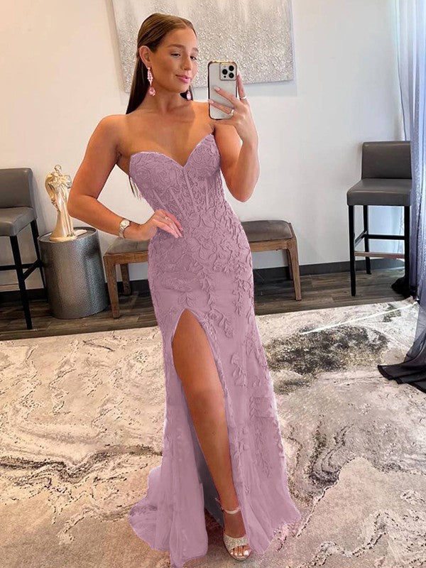 Sheath/Column Tulle Applique Sweetheart Sleeveless Sweep/Brush Train Prom Dress