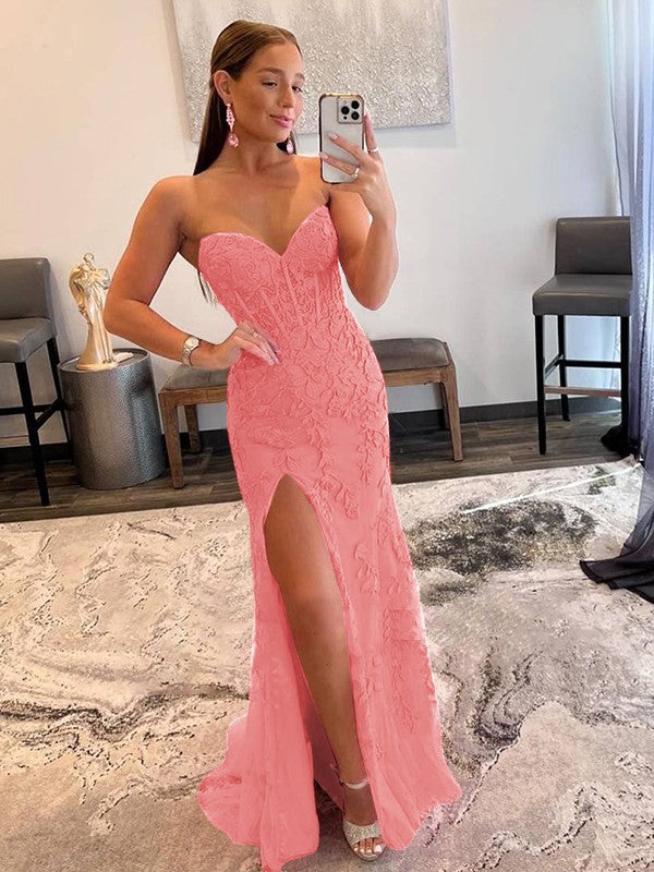Sheath/Column Tulle Applique Sweetheart Sleeveless Sweep/Brush Train Prom Dress
