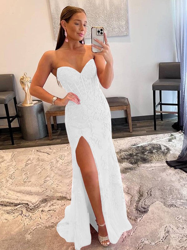Sheath/Column Tulle Applique Sweetheart Sleeveless Sweep/Brush Train Prom Dress
