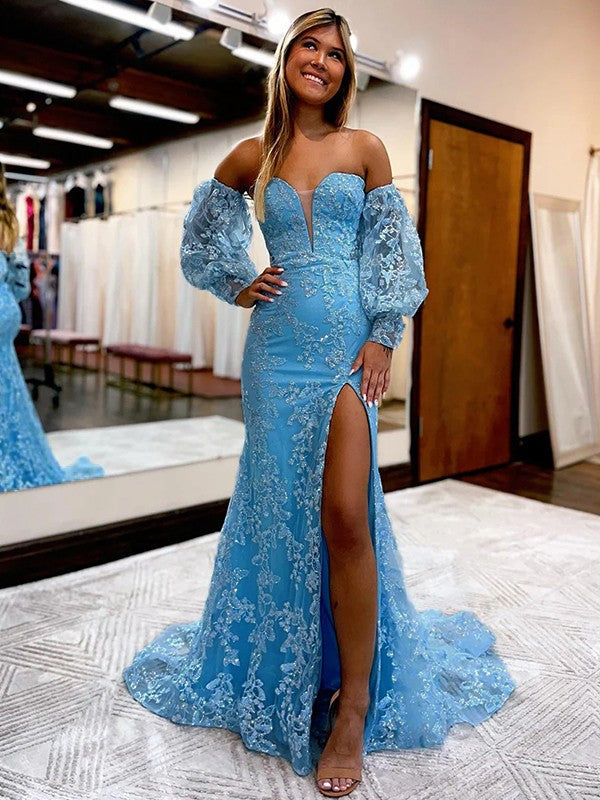 Sheath/Column Lace Sweetheart Long Sleeves Sweep/Brush Train Prom Dress