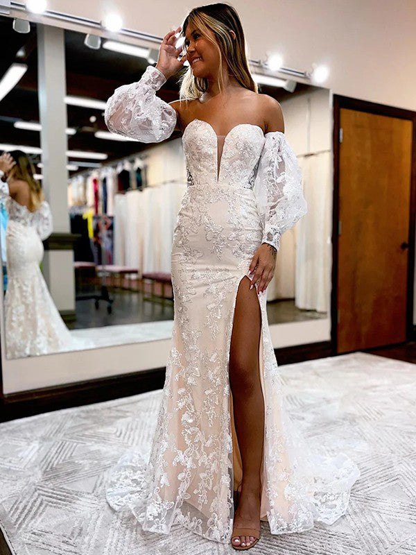 Sheath/Column Lace Sweetheart Long Sleeves Sweep/Brush Train Prom Dress