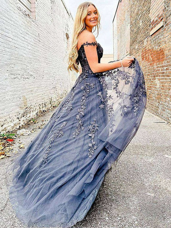 A-Line/Princess Tulle Applique Off-the-Shoulder Sleeveless Sweep/Brush Train Corset Prom Dress