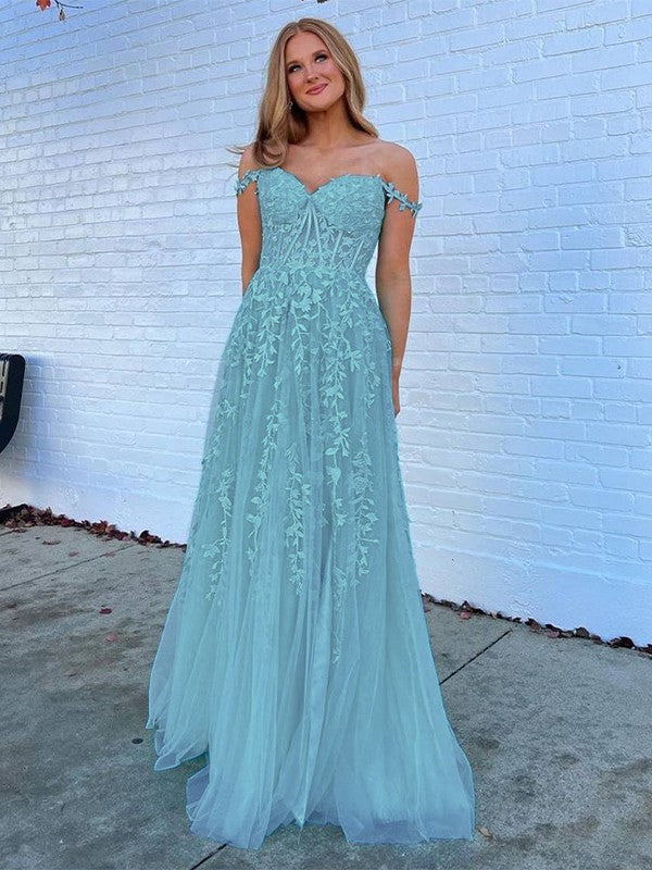 A-Line/Princess Tulle Applique Off-the-Shoulder Sleeveless Sweep/Brush Train Corset Prom Dress