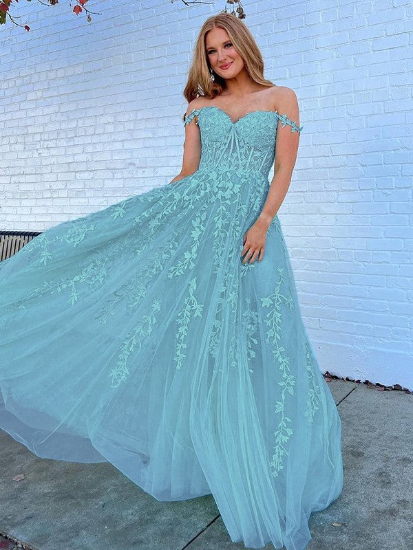 A-Line/Princess Tulle Applique Off-the-Shoulder Sleeveless Sweep/Brush Train Corset Prom Dress