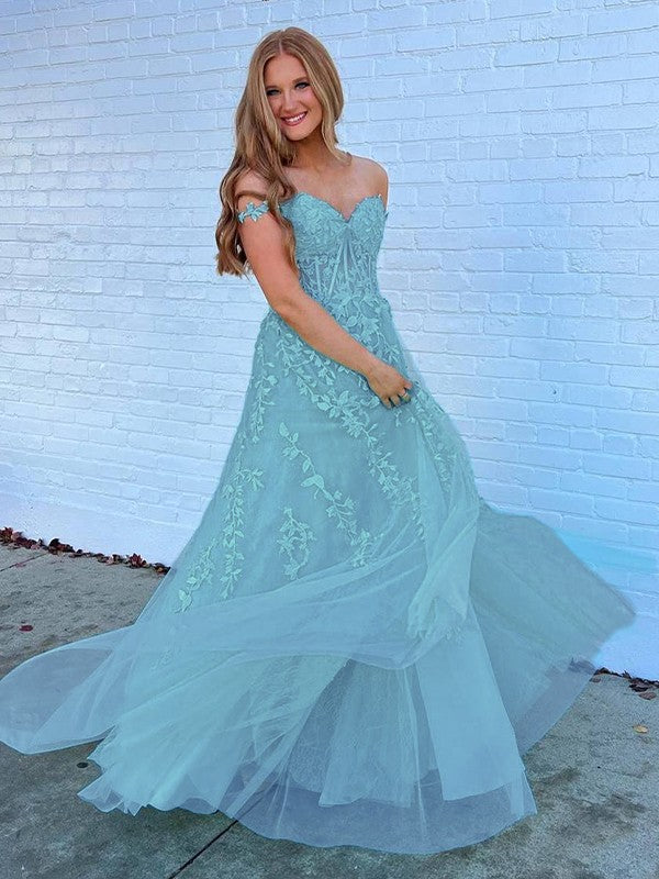 A-Line/Princess Tulle Applique Off-the-Shoulder Sleeveless Sweep/Brush Train Corset Prom Dress