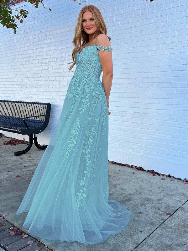 A-Line/Princess Tulle Applique Off-the-Shoulder Sleeveless Sweep/Brush Train Corset Prom Dress