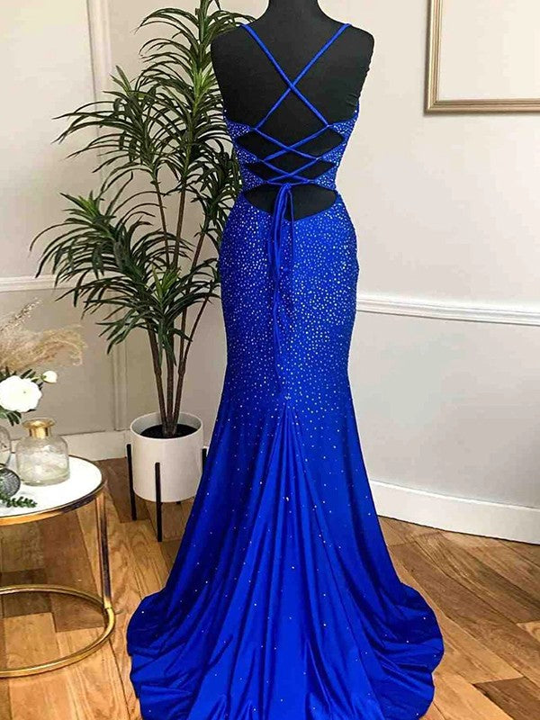 A-Line/Princess Silk like Satin Beading Spaghetti Straps Sleeveless Sweep/Brush Train Prom Dress