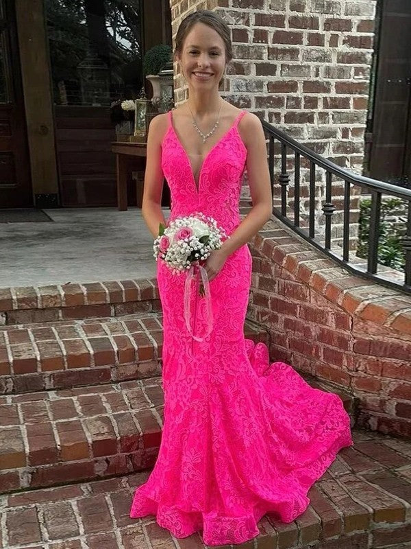 Sheath/Column Lace V-neck Sleeveless Sweep/Brush Train Prom Dress