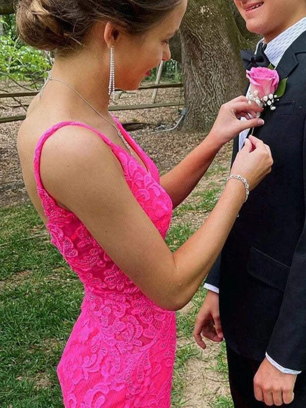 Sheath/Column Lace V-neck Sleeveless Sweep/Brush Train Prom Dress