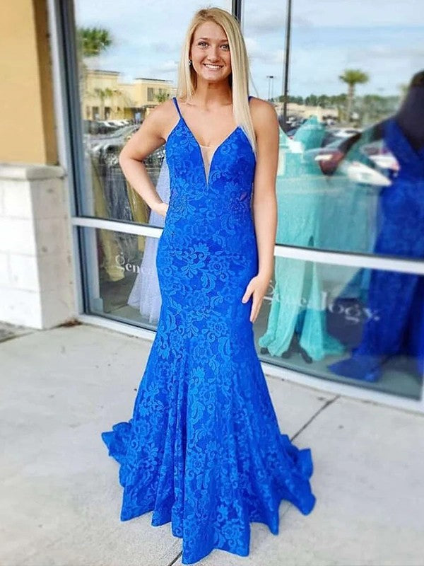 Sheath/Column Lace V-neck Sleeveless Sweep/Brush Train Prom Dress