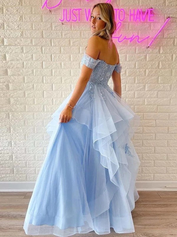 A-Line/Princess Tulle Applique Off-the-Shoulder Sleeveless Floor-Length Prom Dress