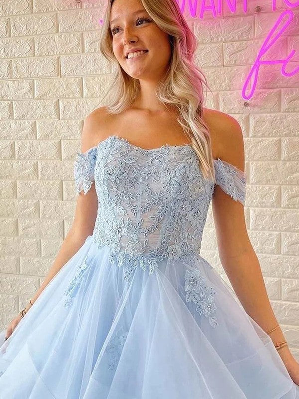 A-Line/Princess Tulle Applique Off-the-Shoulder Sleeveless Floor-Length Prom Dress