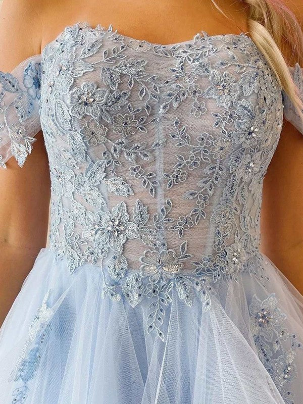 A-Line/Princess Tulle Applique Off-the-Shoulder Sleeveless Floor-Length Prom Dress