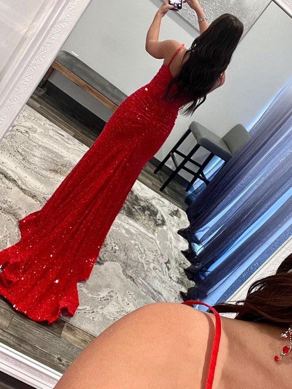 Sheath/Column Spaghetti Straps Sleeveless Sweep/Brush Train Prom Dress