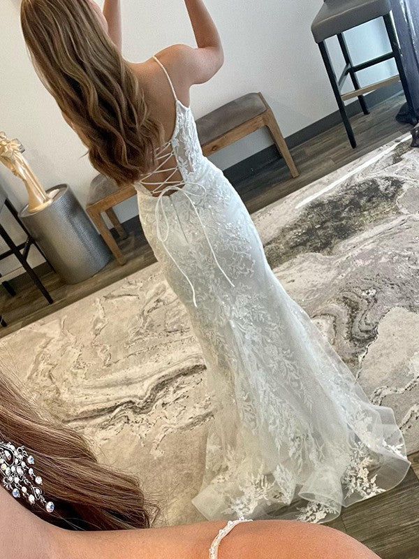 Sheath/Column Tulle Applique Spaghetti Straps Sleeveless Sweep/Brush Train Prom Dress