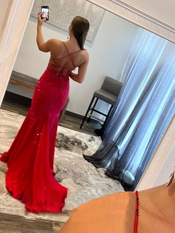 Sheath/Column Ruched V-neck Stretch Crepe Sleeveless Sweep/Brush Train Prom Dress