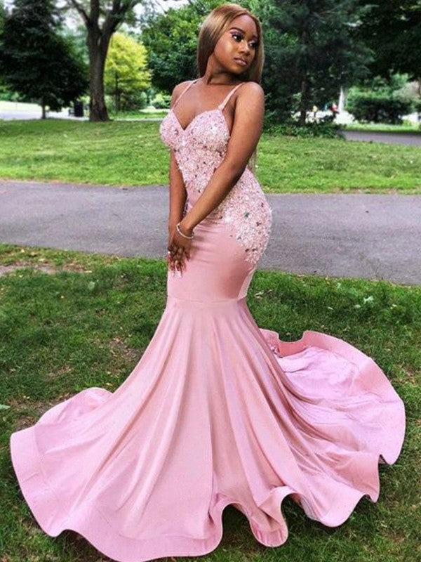 Trumpet/Mermaid Silk like Satin Applique V-neck Sleeveless Sweep/Brush Train Prom Dress