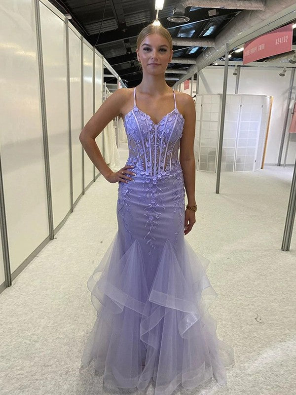 Sheath/Column Tulle Applique V-neck Sleeveless Sweep/Brush Train Prom Dress