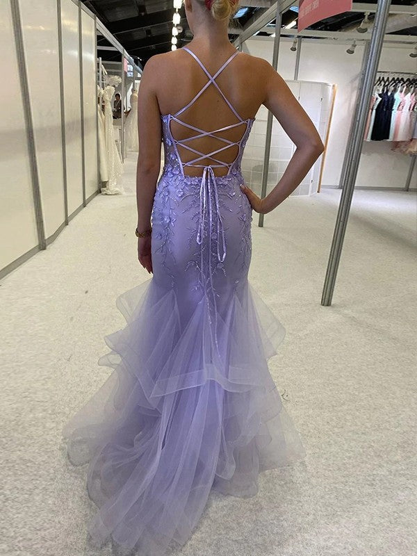 Sheath/Column Tulle Applique V-neck Sleeveless Sweep/Brush Train Prom Dress