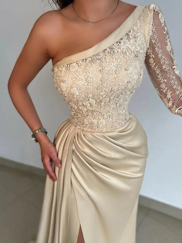 Sheath/Column Elastic Woven Satin Lace One-Shoulder Long Sleeves Sweep/Brush Train Prom Dress