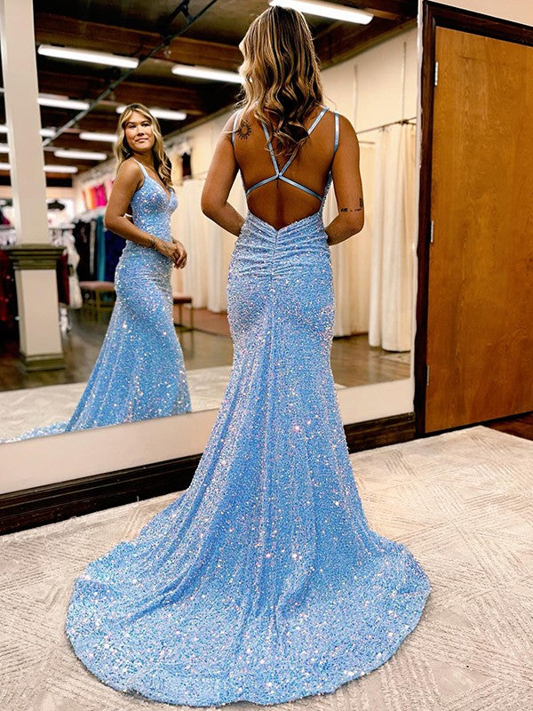 Sheath/Column Velvet Sequins Ruched V-neck Sleeveless Sweep/Brush Train Prom Dress